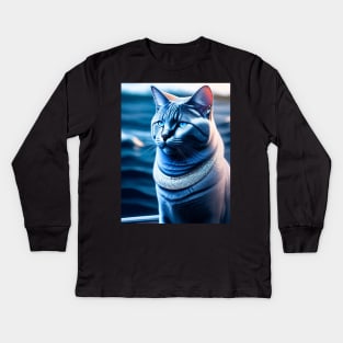 British Shorthair Cat Relaxes on a Winter Cruise Kids Long Sleeve T-Shirt